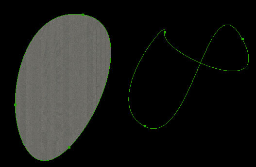 Un camino de Bezier normal  (lleno, a la izquierda) comparado con un camino de Bezier cruzando sobre sí mismo(sin llenar, a la derecha)