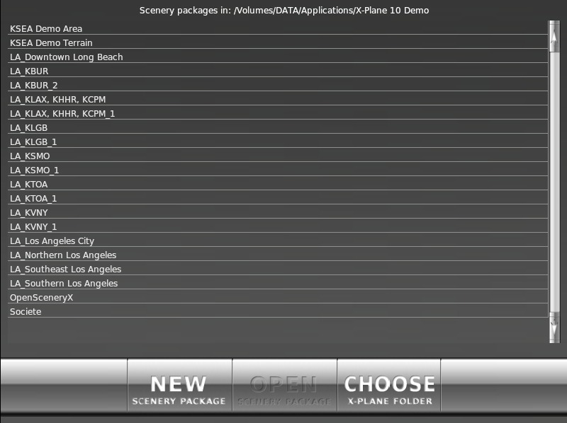 The scenery package list, visible when launching WED