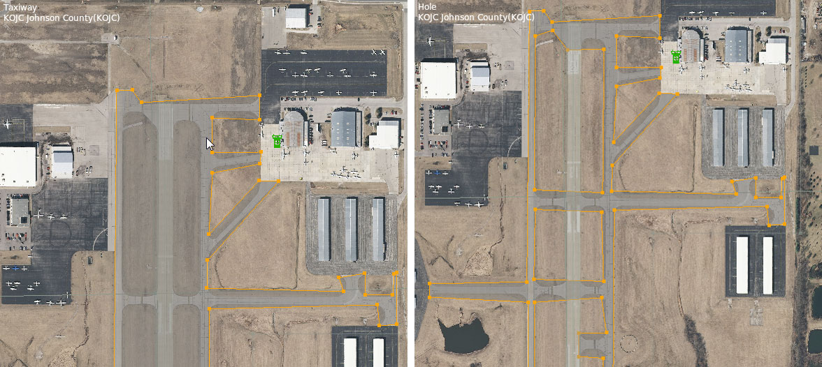 The rough outlined taxiways, before and after cutting holes in them (left and right, respectively)