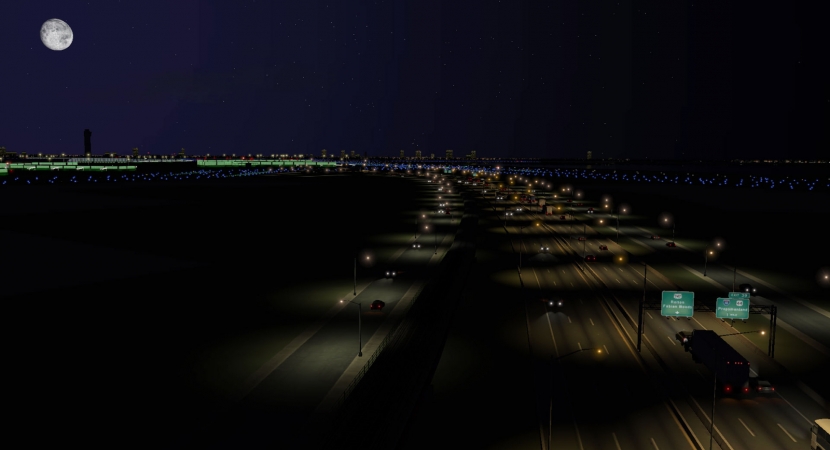 An interstate in XPlane 10 flight simulator, seen at night