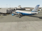 A Boeing 747 docked at a terminal