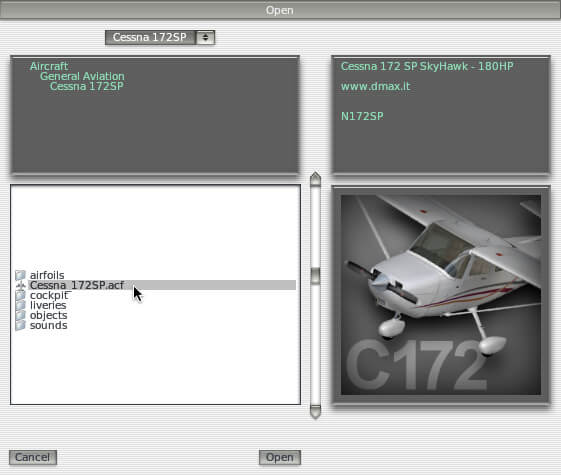 Clicking on the Cessna 172 in the Open Aircraft dialog