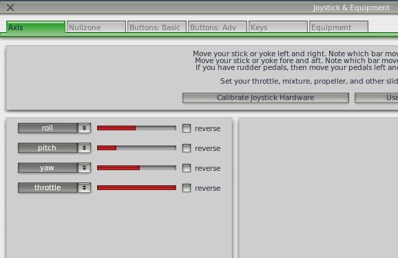 Selecting Joystick & Equipment from the Settings menu