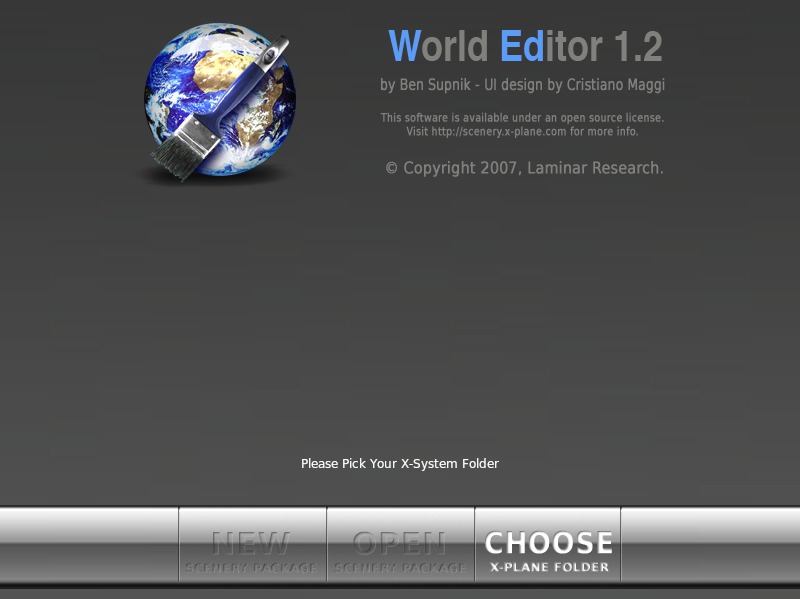 A first launch of WorldEditor, with all options disabled except for 'Choose X-Plane Folder'
