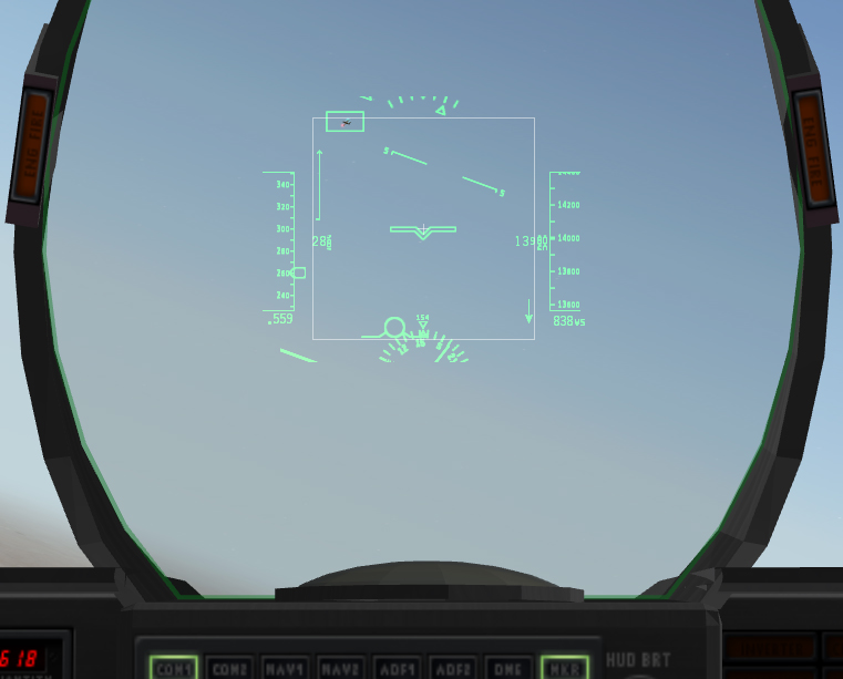 Two HUD views; on the left, a target is high and to the left, off screen, while on the right, the target is in view.