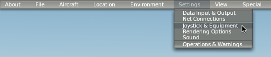 Selecting Joystick & Equipment from the Settings menu