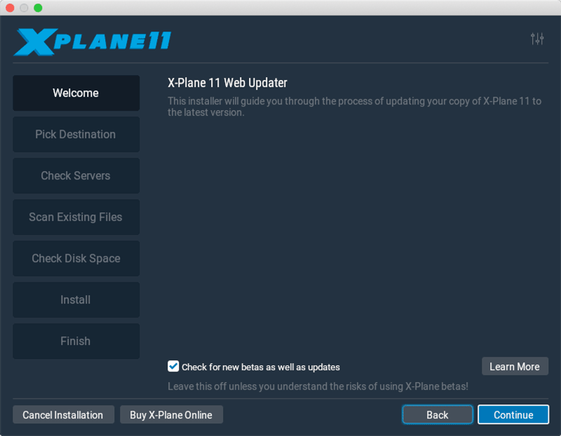 The X-Plane installer's "Check for new betas" option