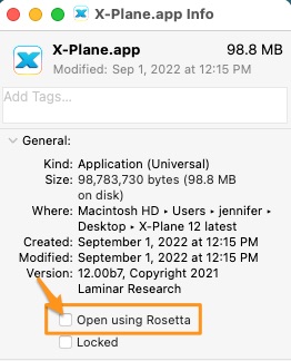 The box to enable Rosetta in X-Plane 12