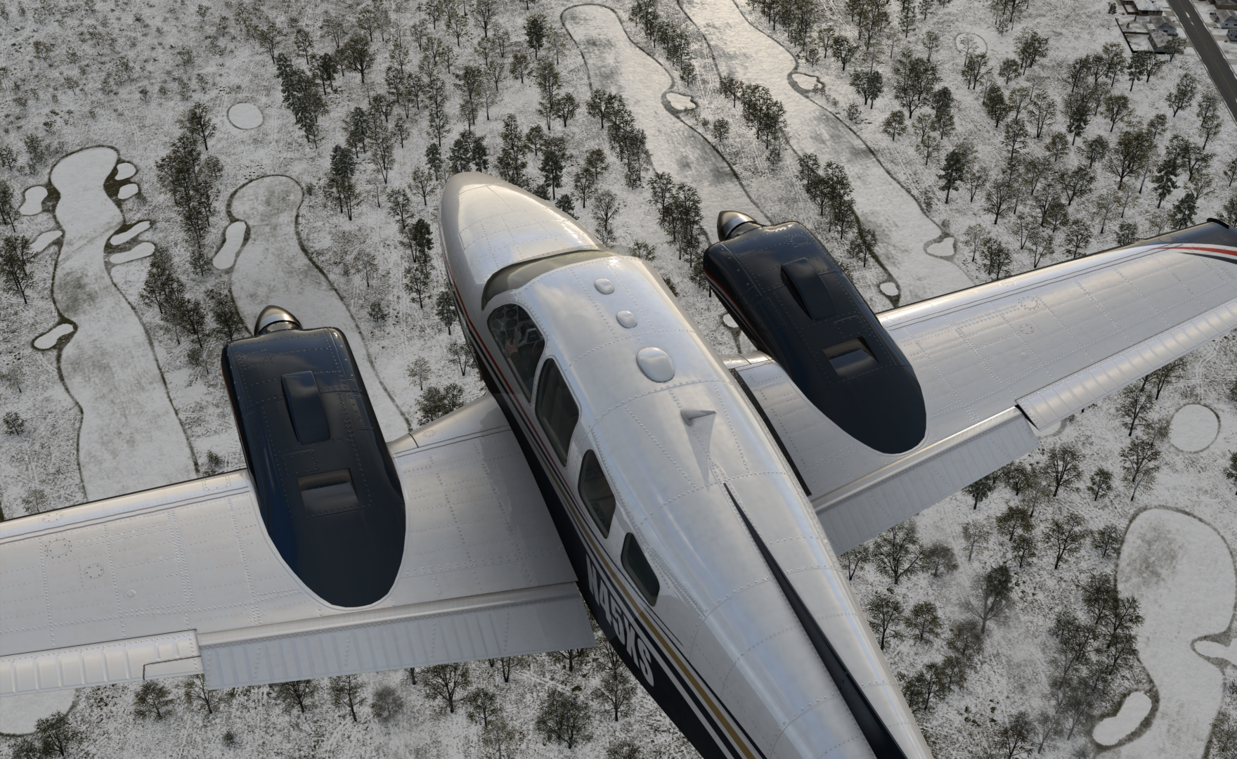 A picture containing an overhead view of a Beechcraft King Air C90 airplane flying over a snowy golf course. This is a screenshot from the X-Plane 12 flight simulator for Mac software.